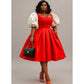 Square Neck Pleated Elegant Puff Sleeve Midi Dress