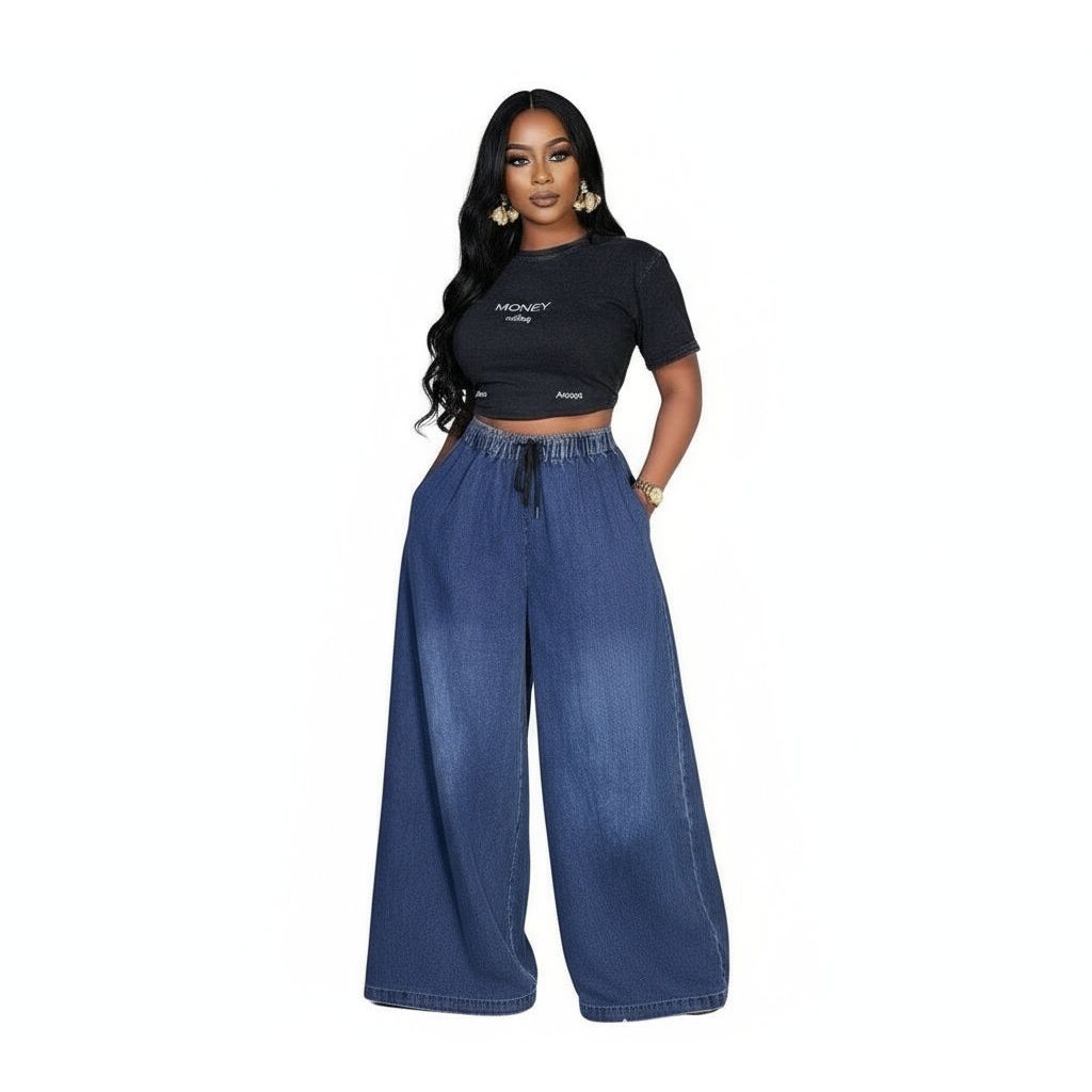 Stylish Drawstring Waist Wide Leg Denim Palazzo Pants