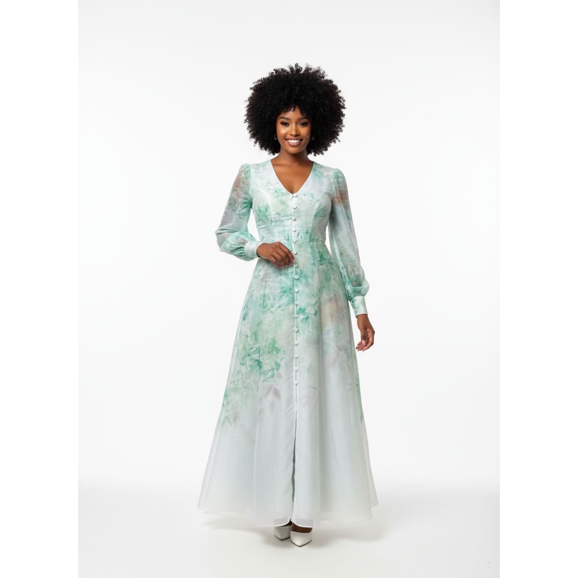 Button Down Ruched Waist Long Sleeve Floral Maxi Dress