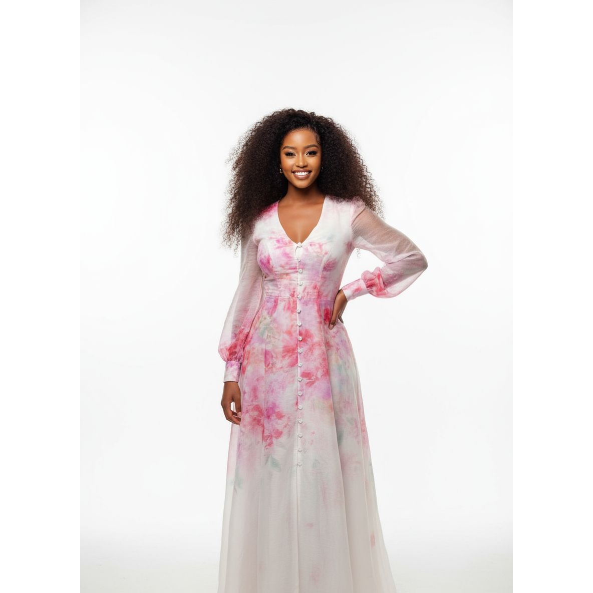 Button Down Ruched Waist Long Sleeve Floral Maxi Dress