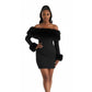 Off Shoulder Faux Fur Elegant Long Sleeve Mini Dress