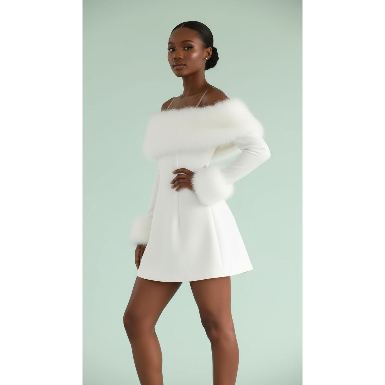 Off Shoulder Faux Fur Elegant Long Sleeve Mini Dress