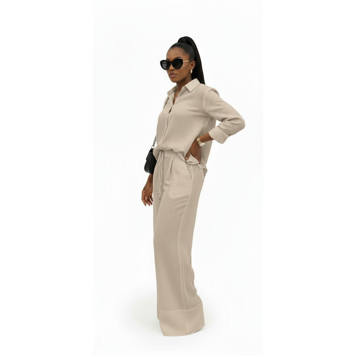 Button Up Long Sleeve Top & Wide Leg Pants Outfit Set