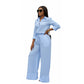 Button Up Long Sleeve Top & Wide Leg Pants Outfit Set