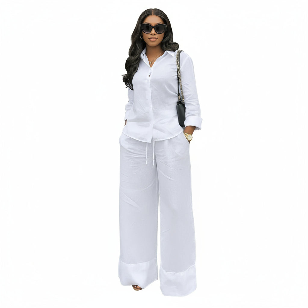 Button Up Long Sleeve Top & Wide Leg Pants Outfit Set