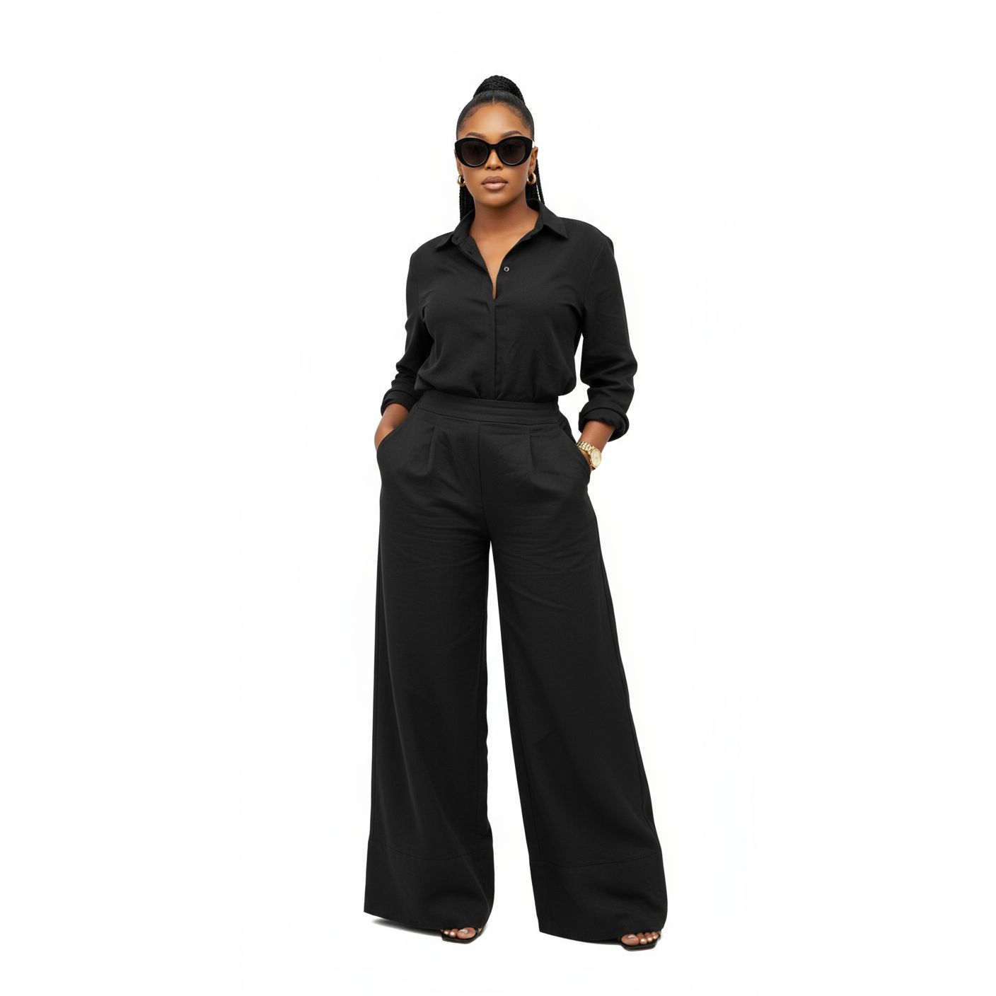 Button Up Long Sleeve Top & Wide Leg Pants Outfit Set