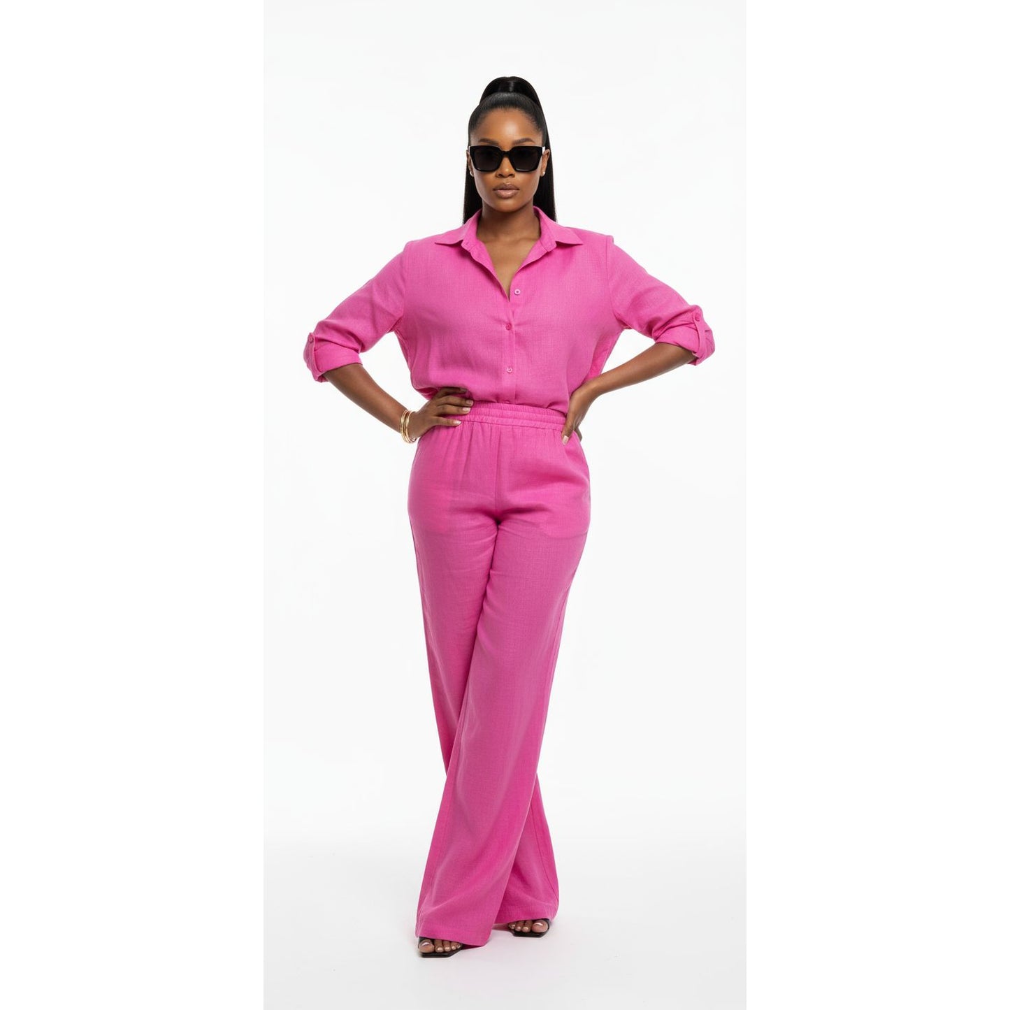 Button Up Long Sleeve Top & Wide Leg Pants Outfit Set