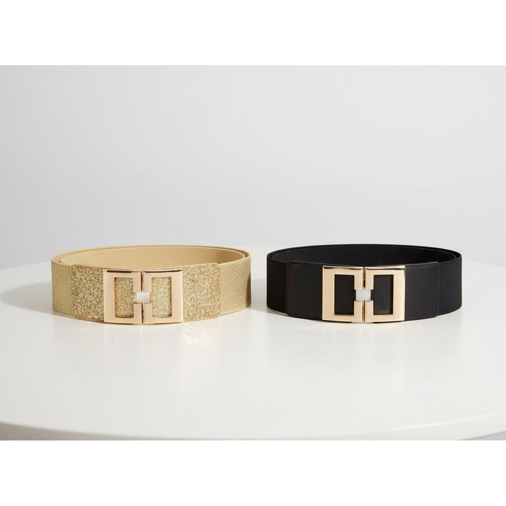 Wide Elastic Waist Belt with Gold Buckle