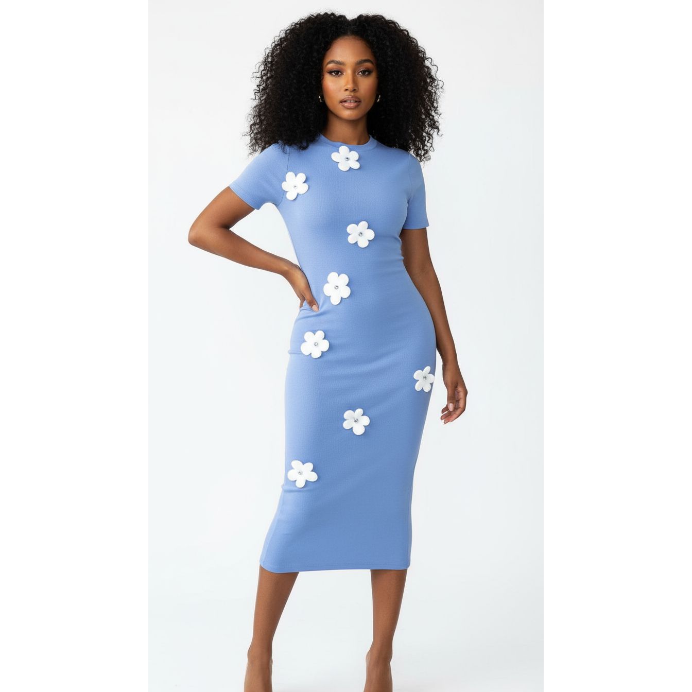 Floral Appliqué Bodycon Short Sleeve Slim Fit Midi Dress