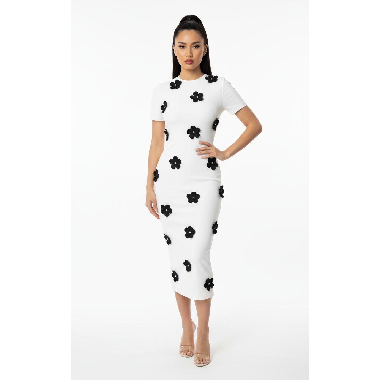 Floral Appliqué Bodycon Short Sleeve Slim Fit Midi Dress