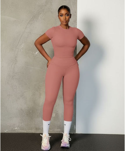 Seamless Workout Short Sleeve Crop Top High Waist Leggings Set