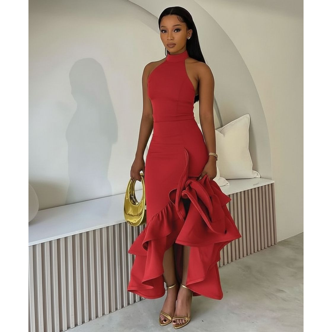 Elegant High-Low Ruffle Hem Bodycon Dress