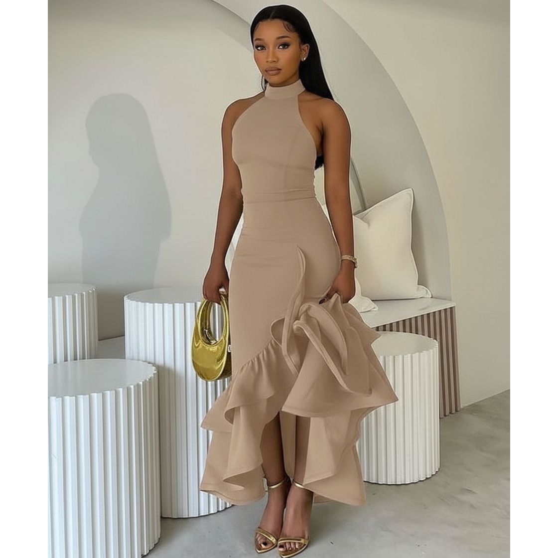 Elegant High-Low Ruffle Hem Bodycon Dress