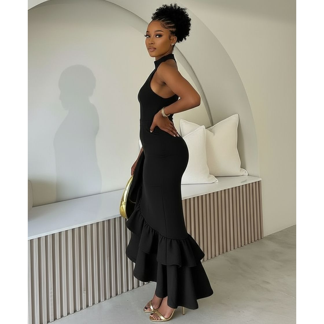 Elegant High-Low Ruffle Hem Bodycon Dress