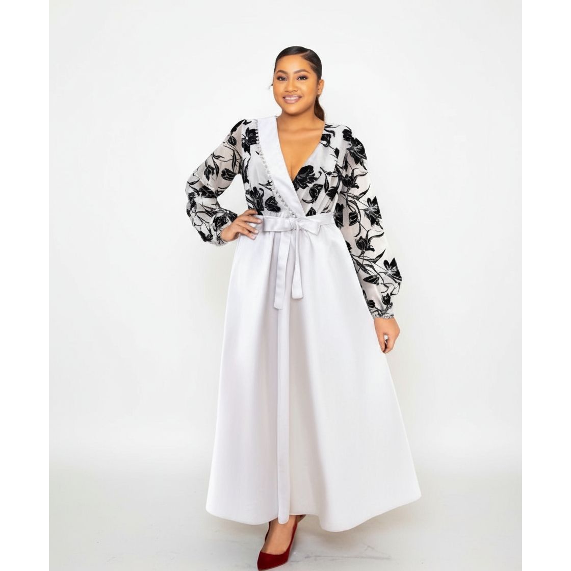 Sheer Floral Lace Sleeves V-Neck Elegant Satin Maxi Dress