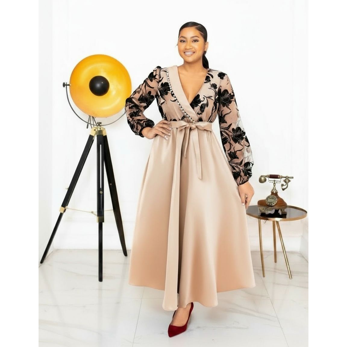 Sheer Floral Lace Sleeves V-Neck Elegant Satin Maxi Dress