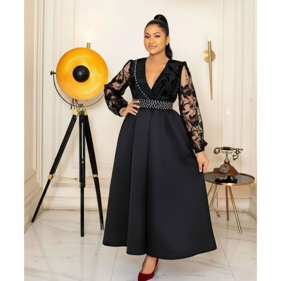 Sheer Floral Lace Sleeves V-Neck Elegant Satin Maxi Dress