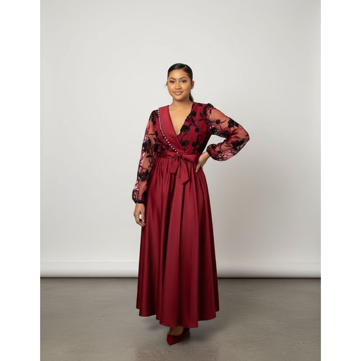 Sheer Floral Lace Sleeves V-Neck Elegant Satin Maxi Dress