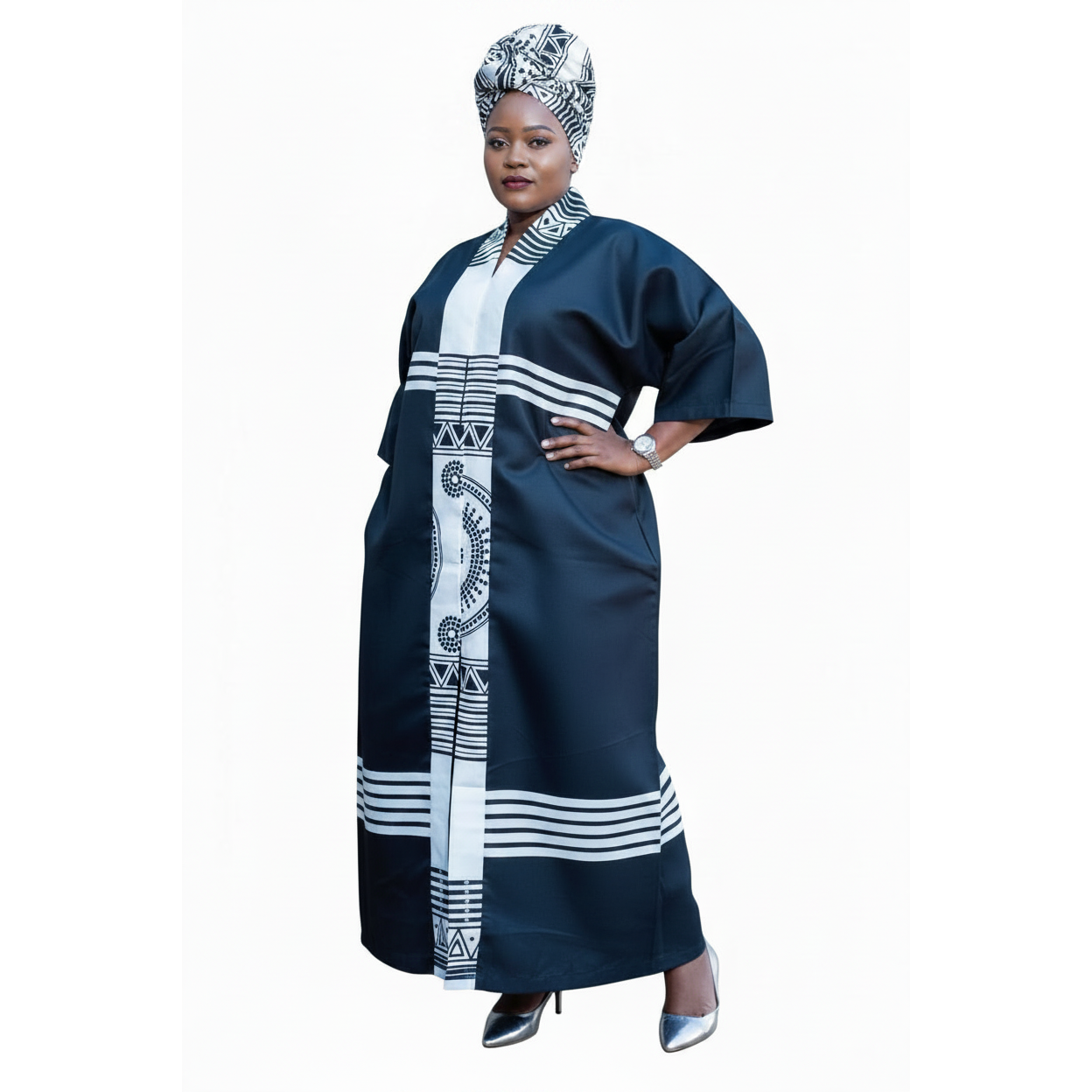 Kaftan African Soft Cotton Blue Printed Loose Dress.
