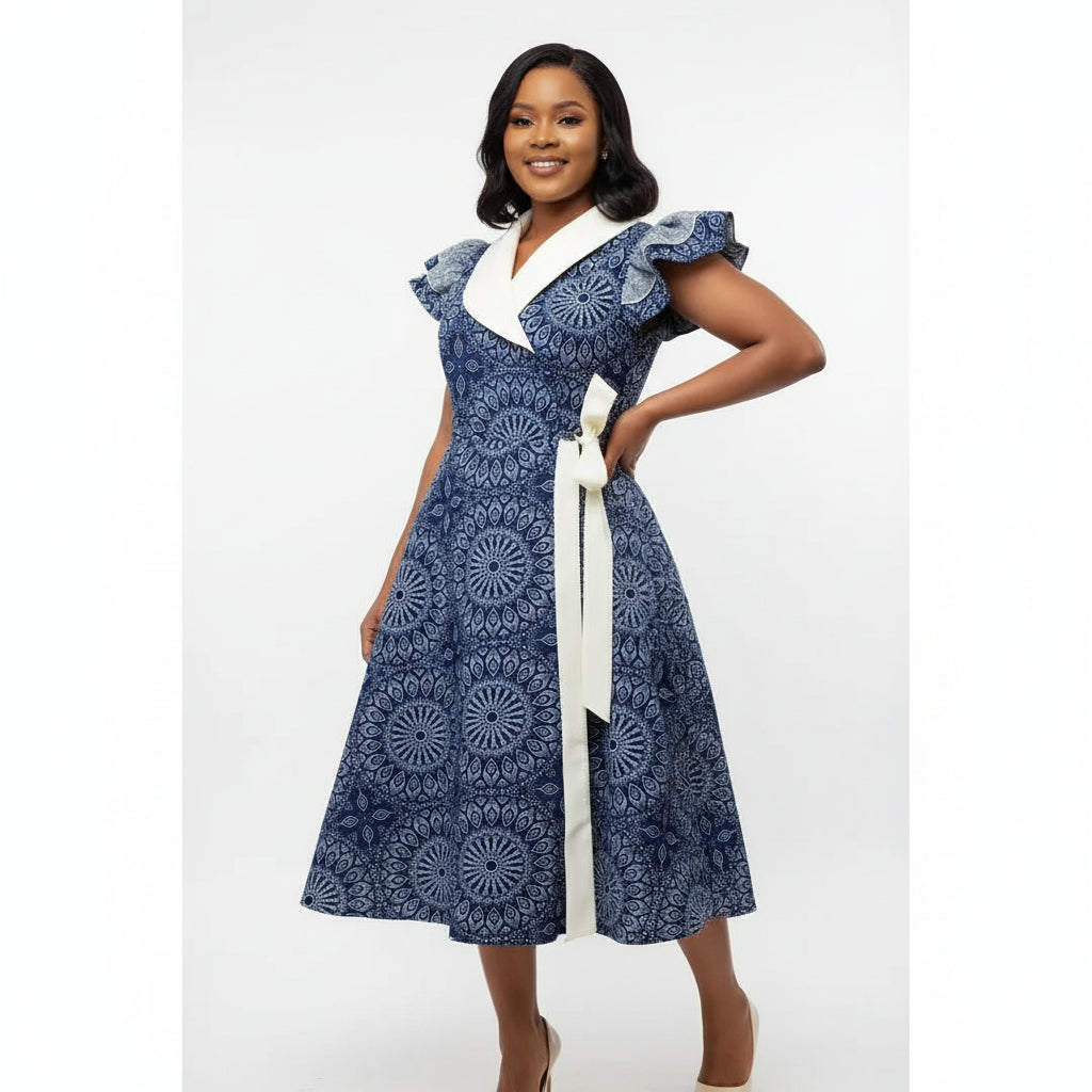 Navy Geometric Print Tiered  Traditional Dress