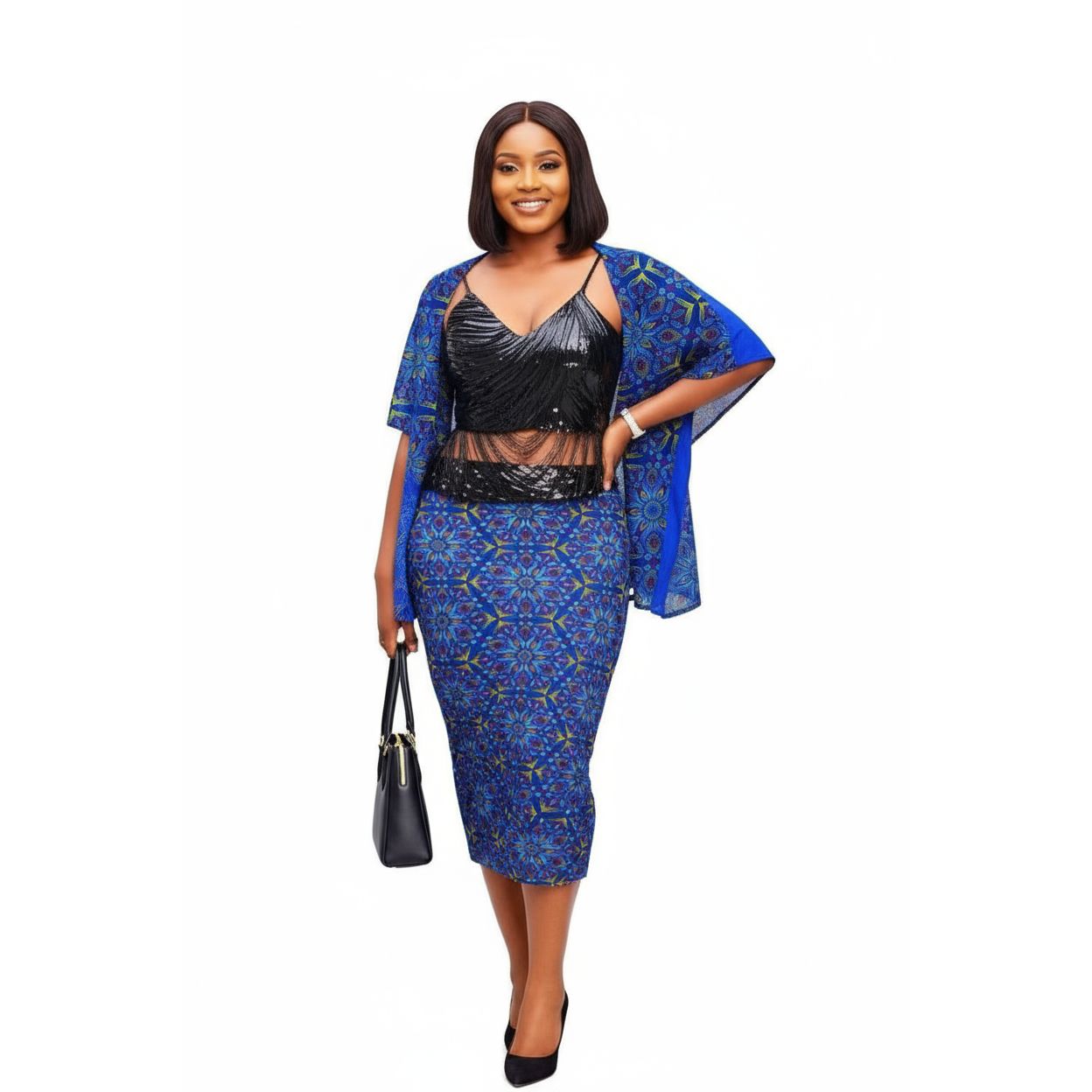 Woman wearing a blue and black outfit with a white background