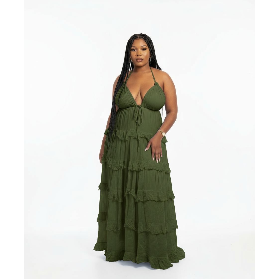 Layered Ruffled Halter Backless Maxi Dress