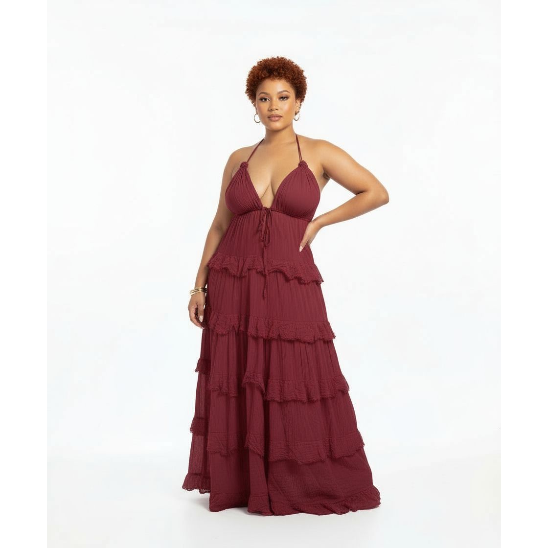 Layered Ruffled Halter Backless Maxi Dress