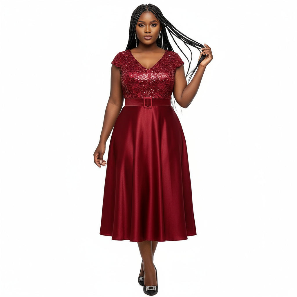 Stylish Sequins Bridesmaid Gown With A V-neck Design Dress