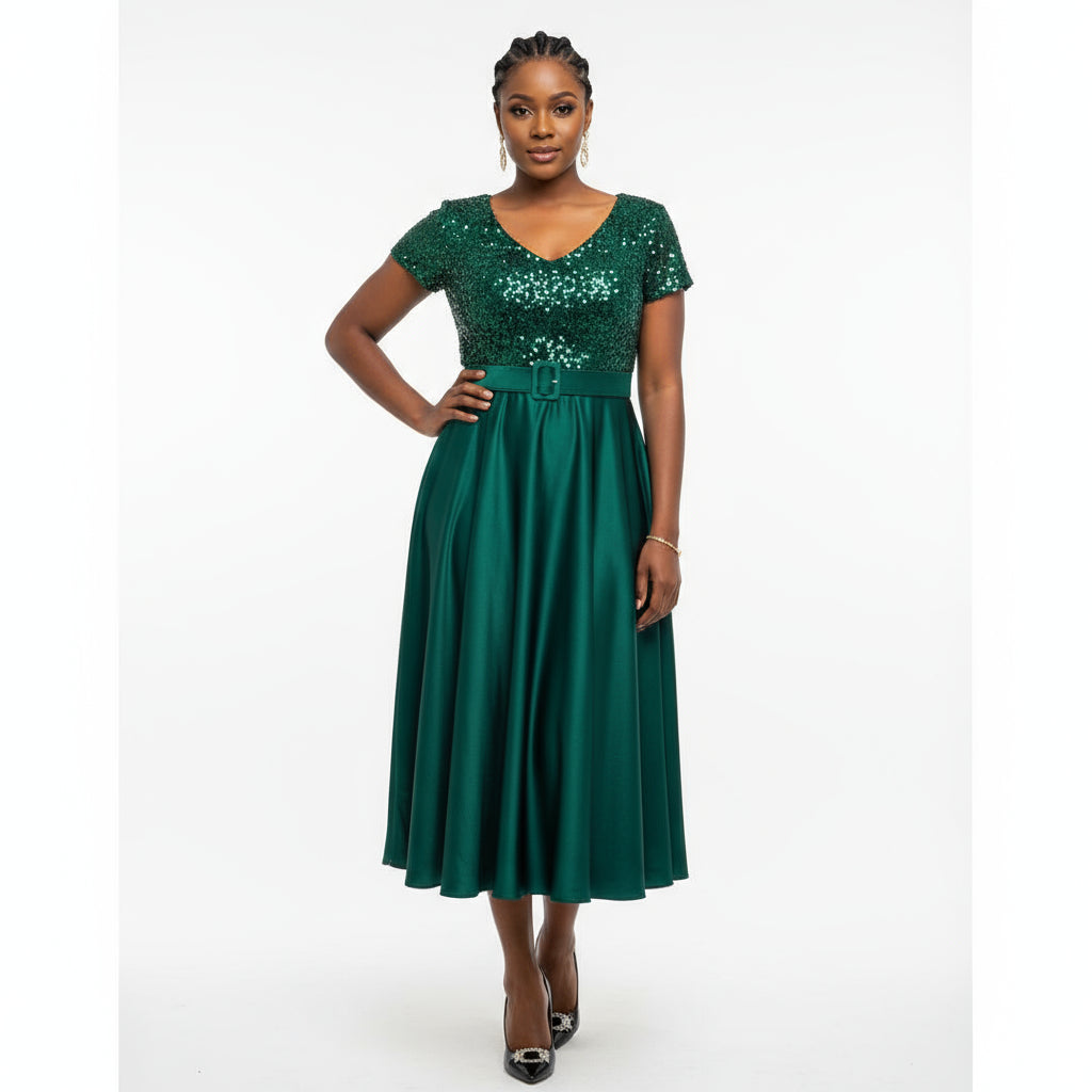 Stylish Sequins Bridesmaid Gown With A V-neck Design Dress