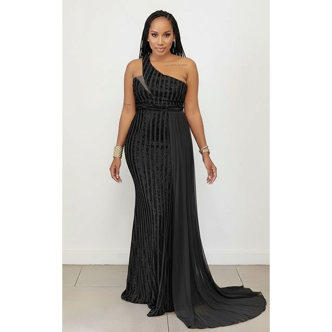 Diagonal Neckline Plus Size Maxi Sequin Dress