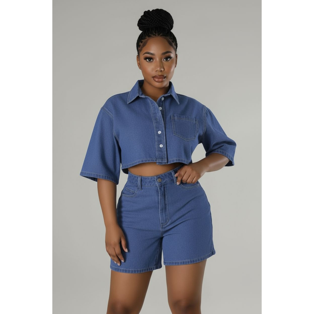 Denim Bermuda & Top Crop Jacket 2 Piece Set