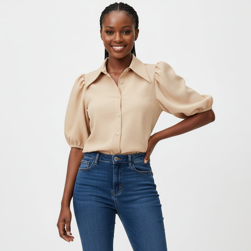 Turn-Down Collar Half Puff Sleeve Shirt