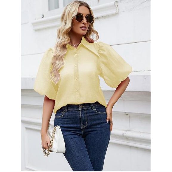 Turn-Down Collar Half Puff Sleeve Shirt