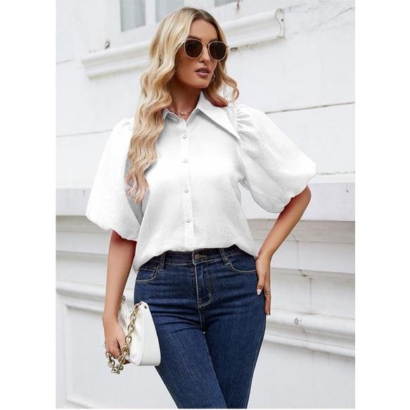 Turn-Down Collar Half Puff Sleeve Shirt