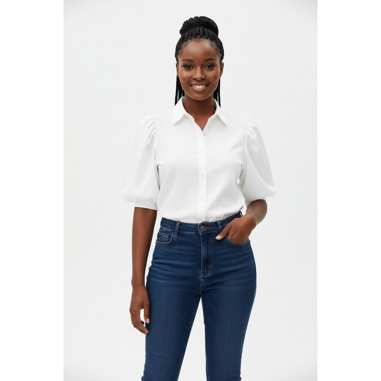 Turn-Down Collar Half Puff Sleeve Shirt