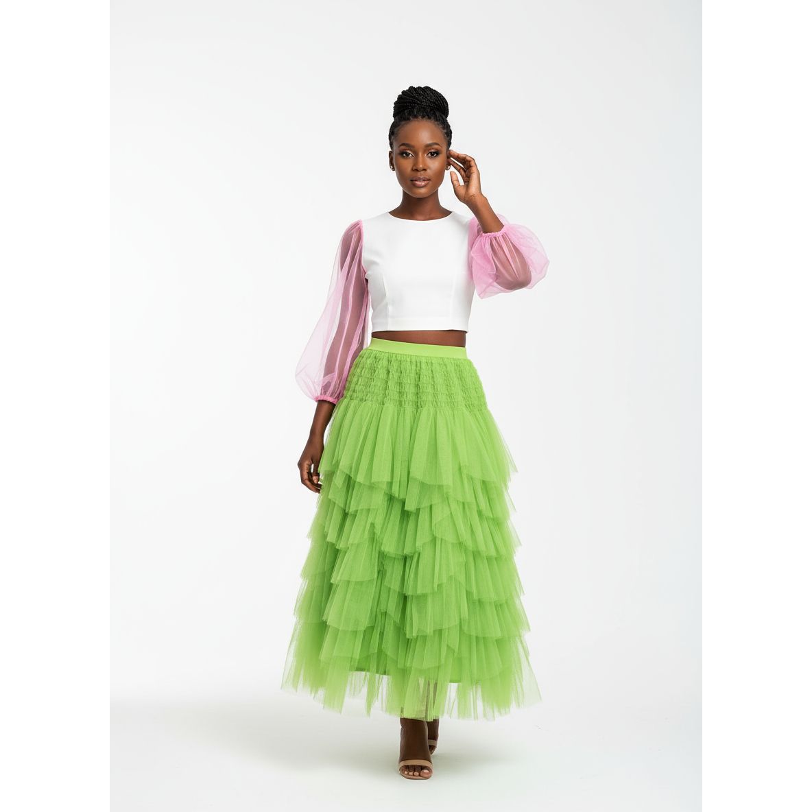 Mesh Tulle Layered Pleated Maxi Fashion Skirt