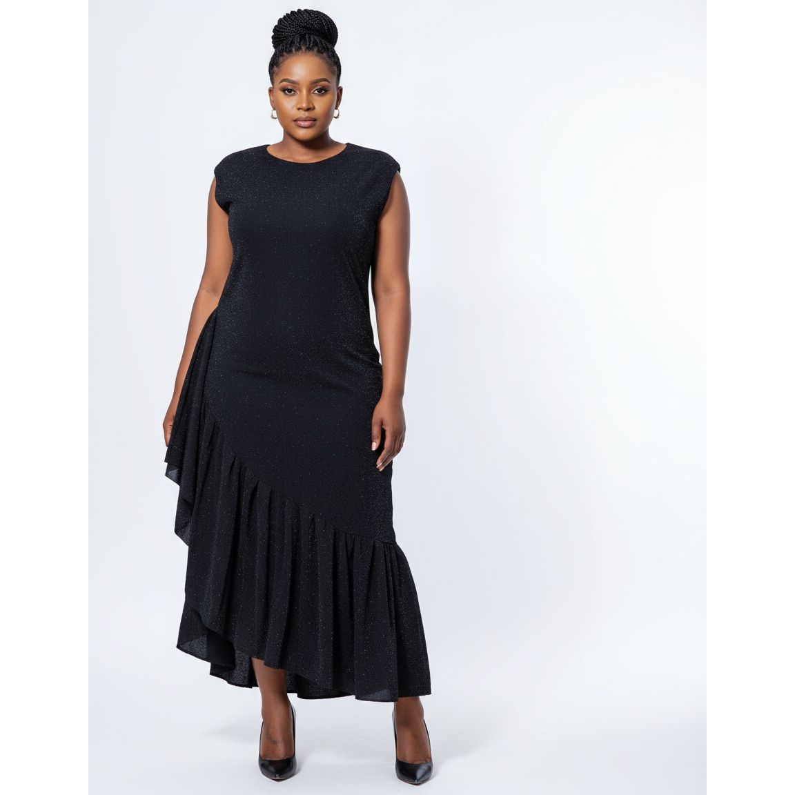 Asymmetric Cocktail Short Sleeve Sequin Ruffle Dress.