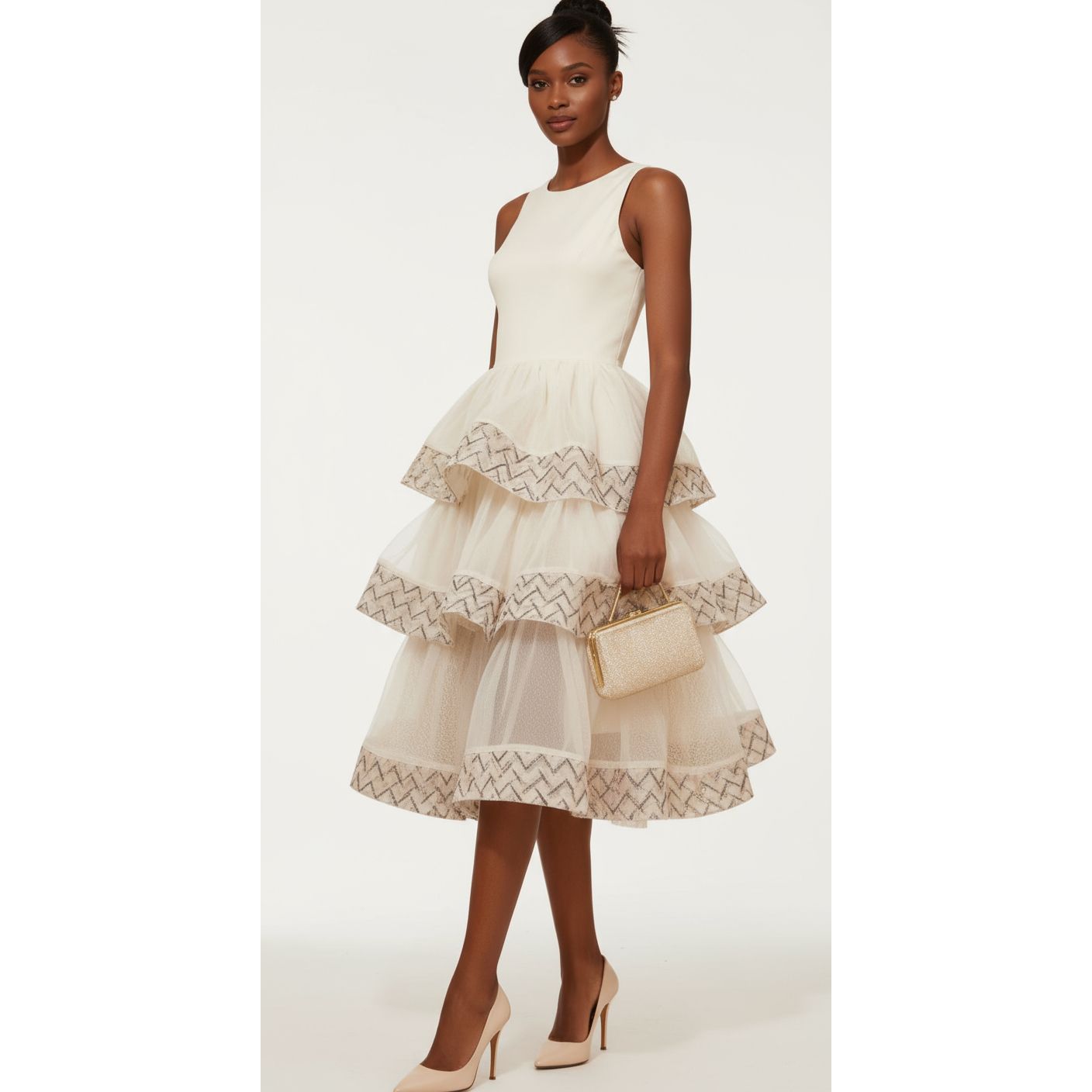 Sleeveless Lace Round Neck Step Pattern Midi Dress