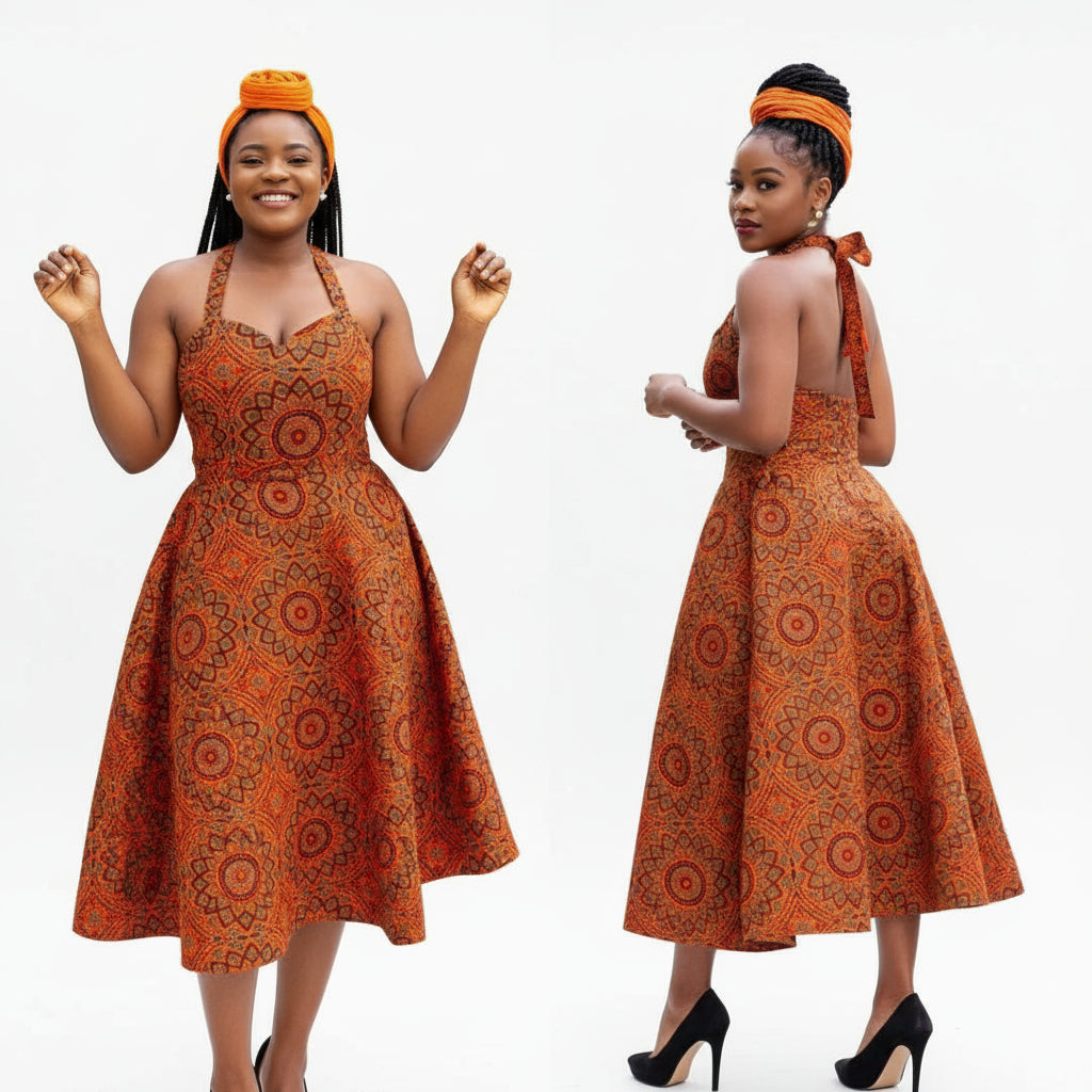 Halter Neck South African traditional Shweshwe Midi Dress.