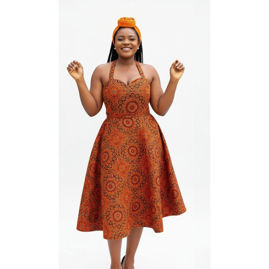 Halter Neck South African traditional Shweshwe Midi Dress. YELLOW SUB TRADING Halter Neck South African traditional Shweshwe Midi Dress. YELLOW SUB TRADING