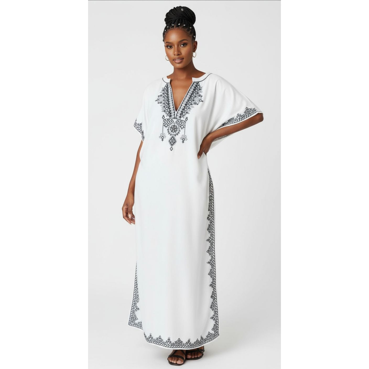 V-neck Long Sleeve Kaftan Elegant Geo Print Maxi Length Dress