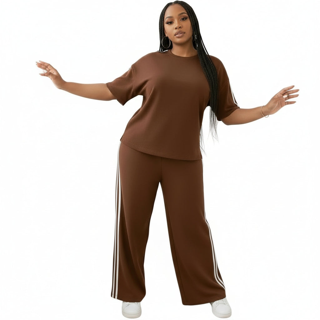 Crew Neck Short Sleeve Top And Straight Leg Distressed Loose Pants