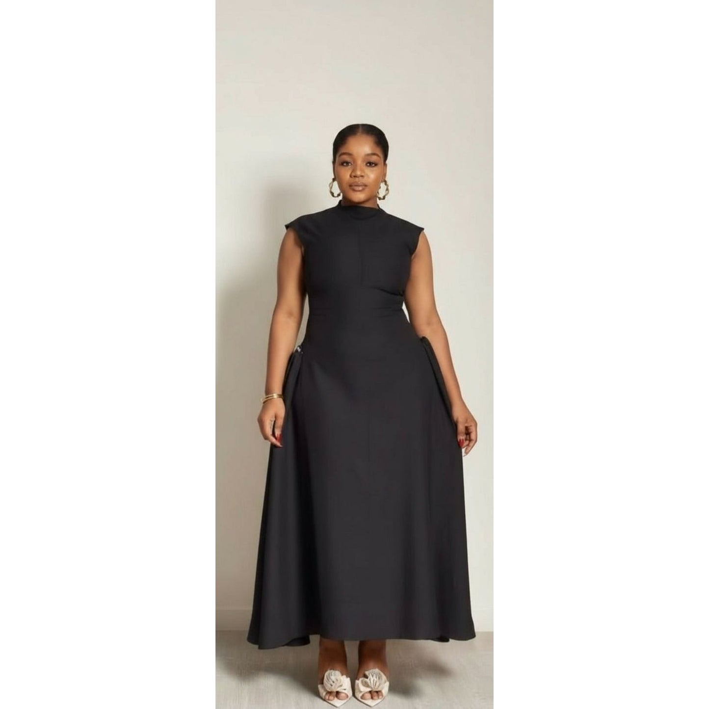 High Collar Sleeveless A-line Pleated Robe Maxi Dress