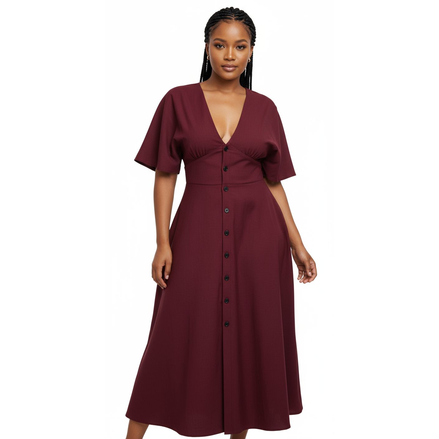 Button Down Short Sleeve V-neck Maxi Dress