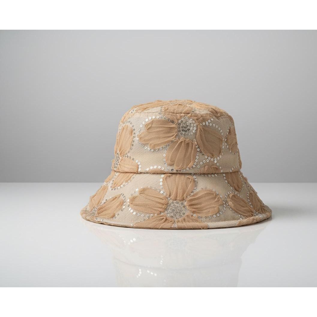 Bucket Hat with Mesh Flower Wide Brim Shiny Sequin Sun