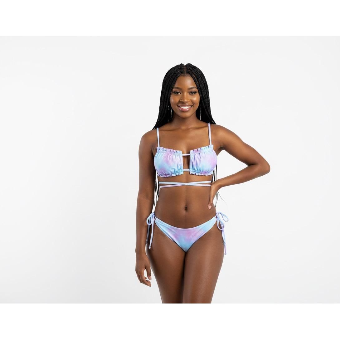 Tie Dye Ruched Bandeau Tie Side Bikini Swimwear