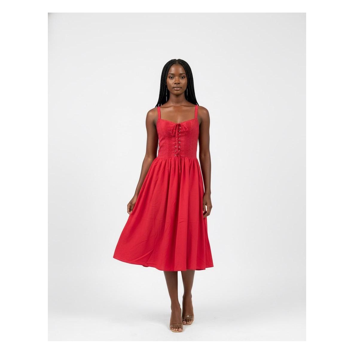 Linen Ribbon Ruched Back Zip Midi Dress