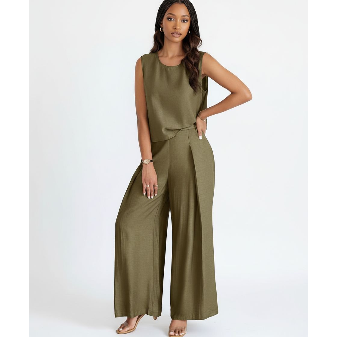 Round Neck Top and Wide-Leg Pants Casual Two-Piece Set