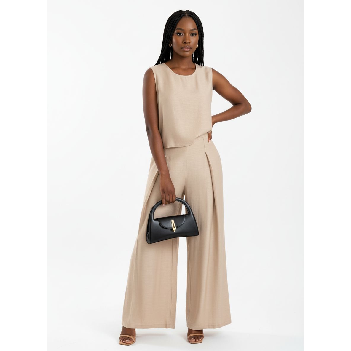 Round Neck Top and Wide-Leg Pants Casual Two-Piece Set