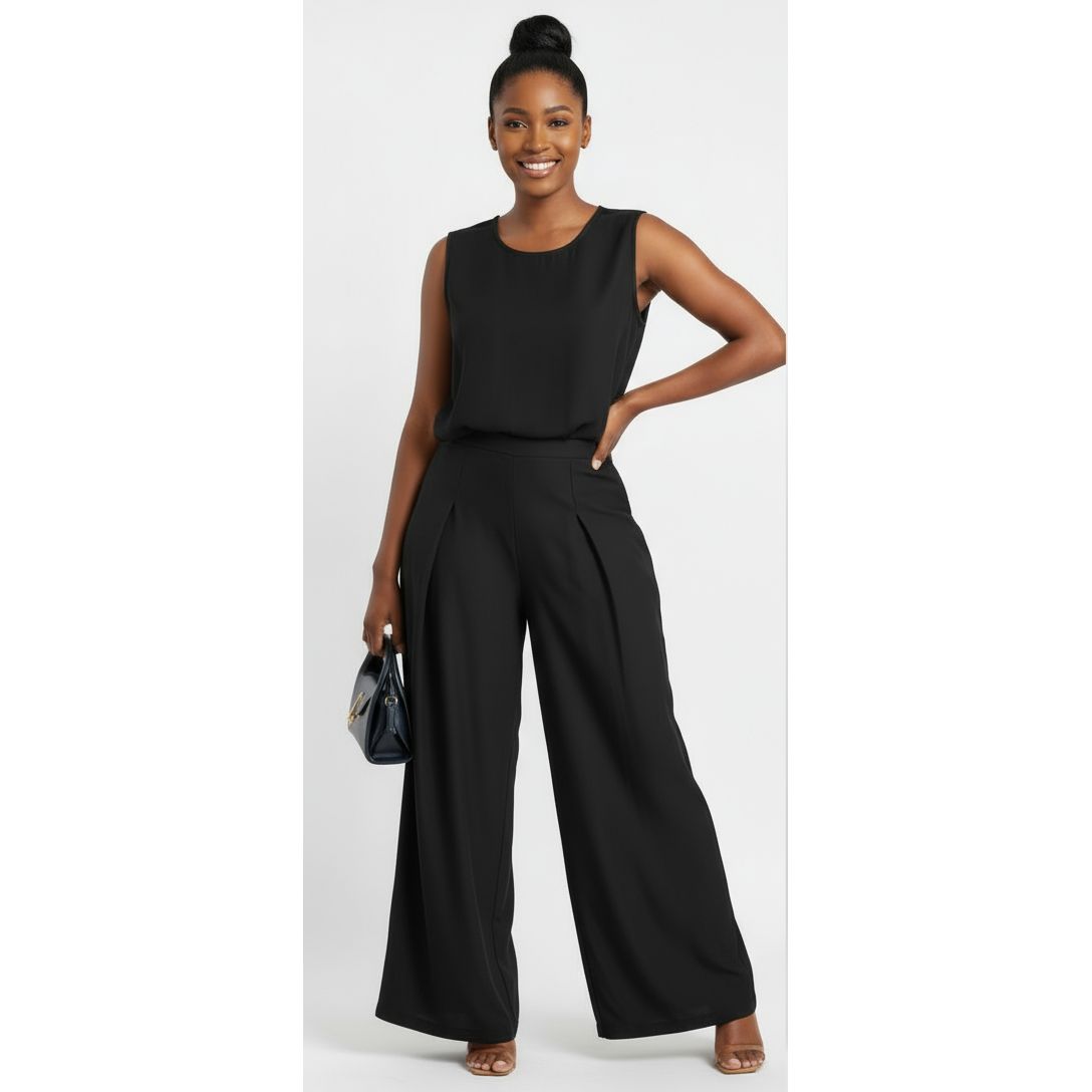 Round Neck Top and Wide-Leg Pants Casual Two-Piece Set